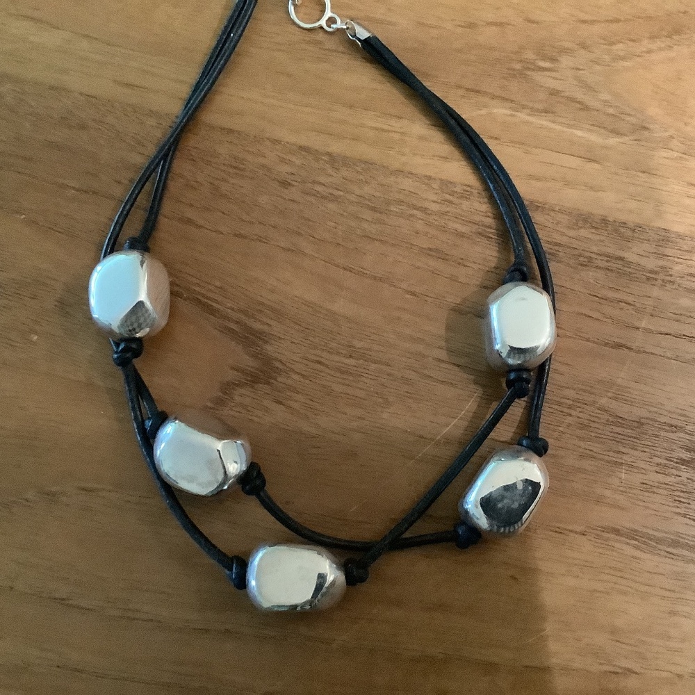 Simon Sebbag Black Leather Statement Necklace w/ Chunky Silver Stations